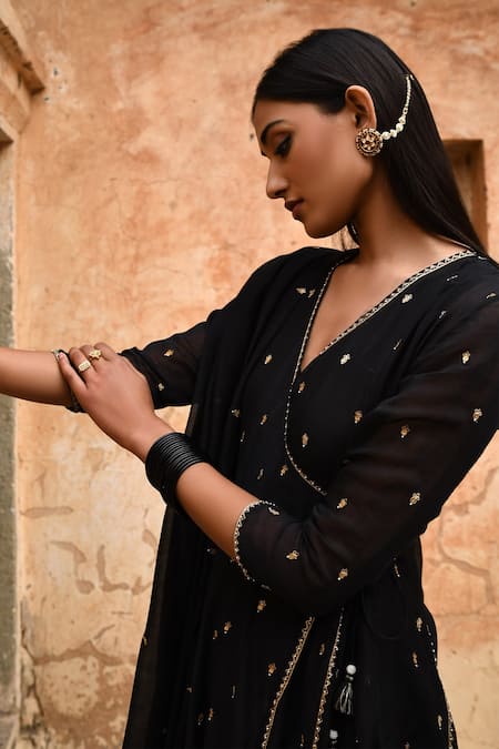 Shop_Deep Thee_Black Chanderi Sequins, Zari V-neck Embroidered Angrakha Set _Online_at_Aza_Fashions