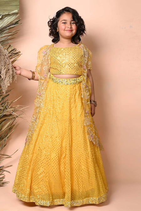 Priyanka Jain_Yellow Chanderi Sequins, Crystals, Floral Embroidered Sheer Cape Lehenga Set _Online_at_Aza_Fashions