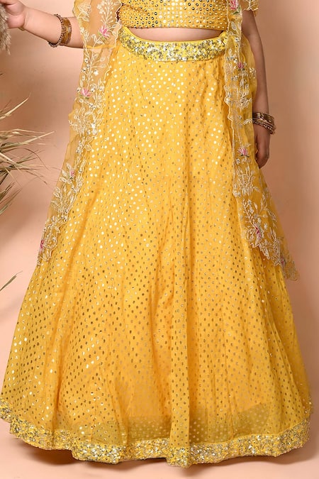 Buy_Priyanka Jain_Yellow Chanderi Sequins, Crystals, Floral Embroidered Sheer Cape Lehenga Set _Online_at_Aza_Fashions