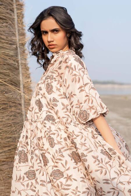 Ayaka Ivory Viscose Embroidery Floral Print Dress at Aza Fashions Ayaka_Ivory Viscose Embroidery Floral Print Dress _at_Aza_Fashions