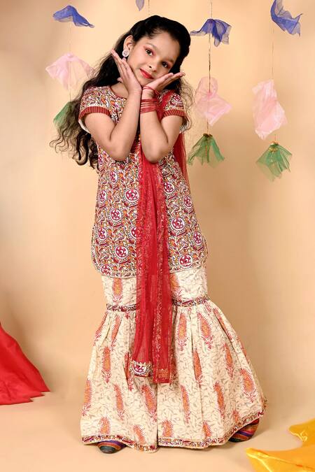 Kids Lane_Red Cotton Embroidery Printed Kurta Sharara Set_Online_at_Aza_Fashions