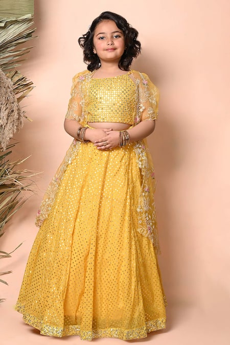 Shop_Priyanka Jain_Yellow Chanderi Sequins, Crystals, Floral Embroidered Sheer Cape Lehenga Set _Online_at_Aza_Fashions