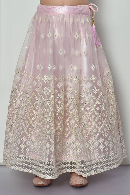 Buy_Petite Pomme_Pink Net Sequins Geometric Cluster Embellished Lehenga Set_Online_at_Aza_Fashions