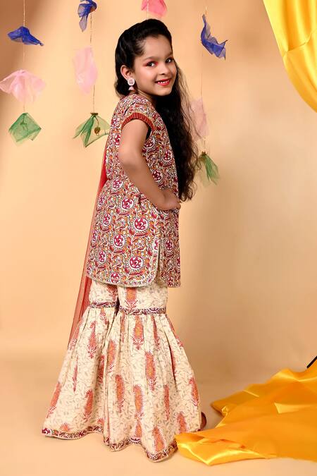 Buy_Kids Lane_Red Cotton Embroidery Printed Kurta Sharara Set_Online_at_Aza_Fashions