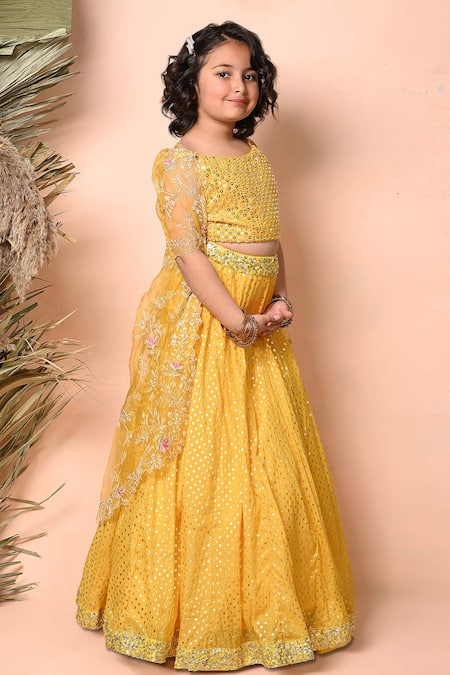 Priyanka Jain_Yellow Chanderi Sequins, Crystals, Floral Embroidered Sheer Cape Lehenga Set _at_Aza_Fashions