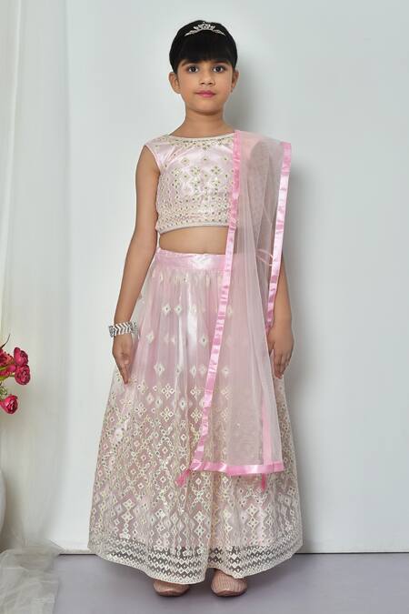 Shop_Petite Pomme_Pink Net Sequins Geometric Cluster Embellished Lehenga Set_Online_at_Aza_Fashions