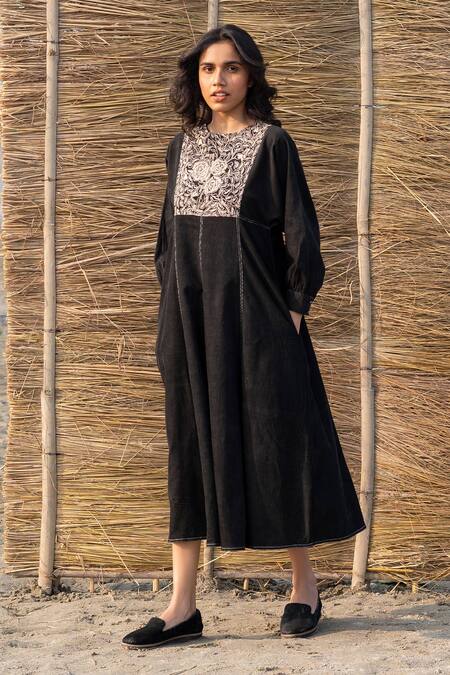 Ayaka Black Corduroy Embroidery Round Neck Panelled Dress Online at Aza Fashions Ayaka_Black Corduroy Embroidery Round Neck Panelled Dress _Online_at_Aza_Fashions