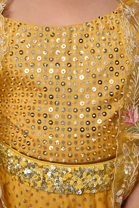 Buy_Priyanka Jain_Yellow Chanderi Sequins, Crystals, Floral Embroidered Sheer Cape Lehenga Set 