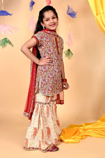Shop_Kids Lane_Red Cotton Embroidery Printed Kurta Sharara Set_Online_at_Aza_Fashions