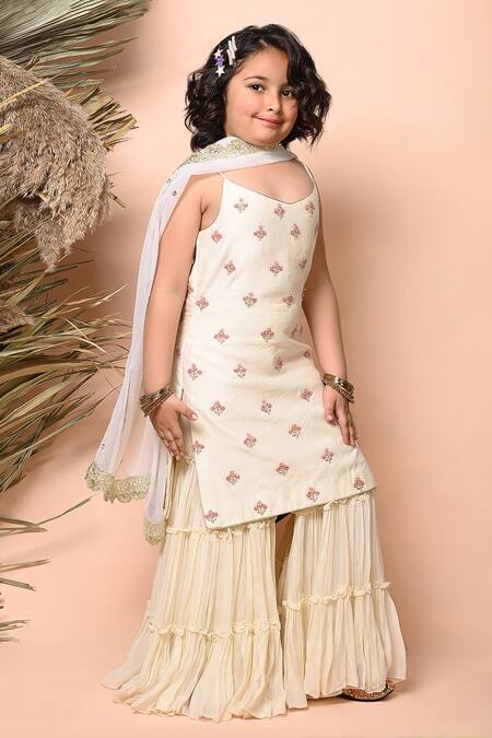 Buy_Priyanka Jain_Ivory Chanderi, Georgette, Net Embroidery, Dabka Strappy Kurta Sharara Set _Online_at_Aza_Fashions