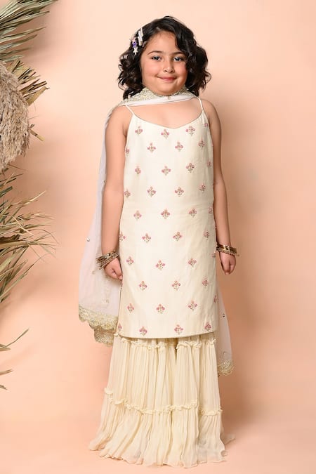Shop_Priyanka Jain_Ivory Chanderi, Georgette, Net Embroidery, Dabka Strappy Kurta Sharara Set _Online_at_Aza_Fashions