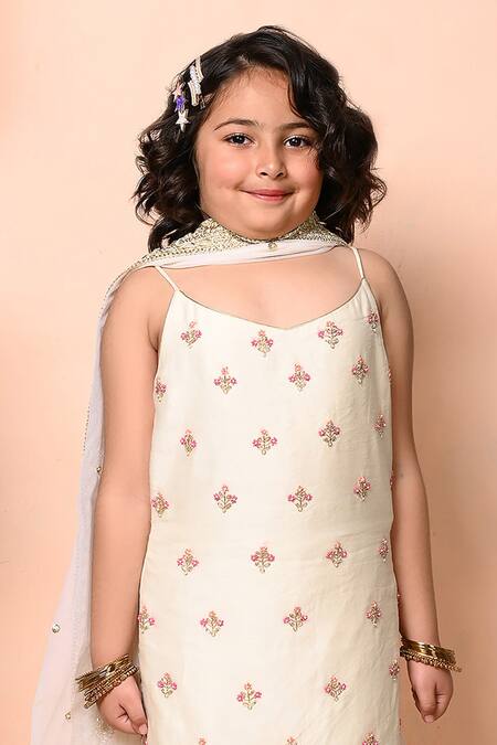 Buy_Priyanka Jain_Ivory Chanderi, Georgette, Net Embroidery, Dabka Strappy Kurta Sharara Set 