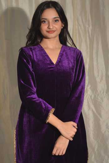 Studio Malang Purple Velvet Plain V Neck Kurta Set Online at Aza Fashions Studio Malang_Purple Velvet Plain V Neck Kurta Set_Online_at_Aza_Fashions