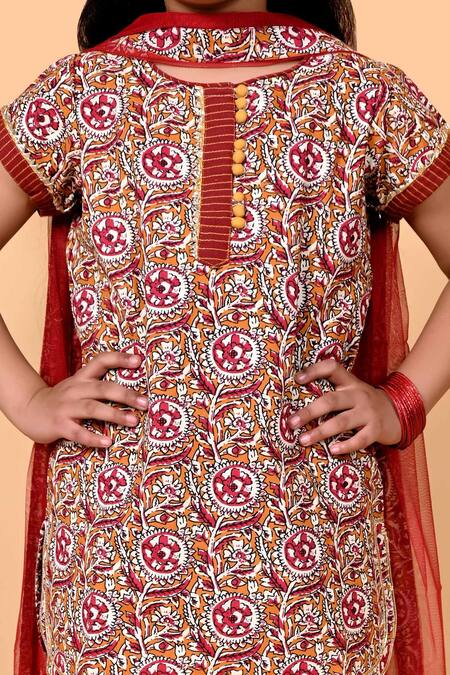 Kids Lane_Red Cotton Embroidery Printed Kurta Sharara Set_at_Aza_Fashions
