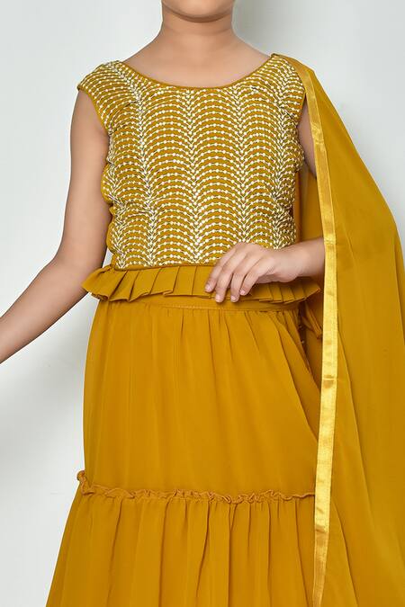 Buy_Banana Bee_Yellow Georgette Embroidered Threadwork Blouse Tiered Lehenga Set 