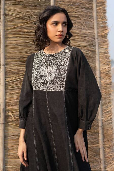 Buy Ayaka Black Corduroy Embroidery Round Neck Panelled Dress Online at Aza Fashions Buy_Ayaka_Black Corduroy Embroidery Round Neck Panelled Dress _Online_at_Aza_Fashions