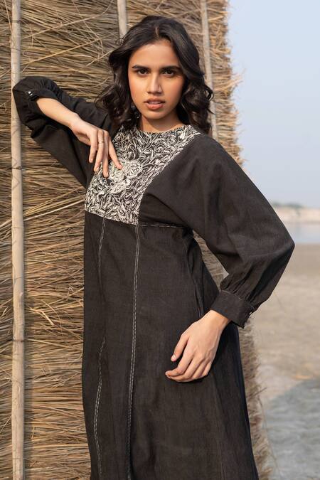 Shop Ayaka Black Corduroy Embroidery Round Neck Panelled Dress Online at Aza Fashions Shop_Ayaka_Black Corduroy Embroidery Round Neck Panelled Dress _Online_at_Aza_Fashions