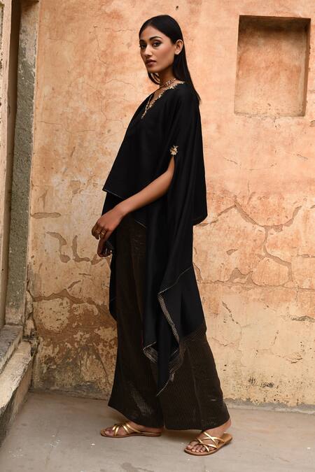 Deep Thee_Black Tissue Chanderi Cape And Flared Pant Set _Online_at_Aza_Fashions
