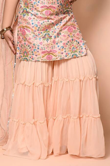 Buy_Priyanka Jain_Peach Chanderi, Georgette, Organza Sequins, Mughal Print Kurta Sharara Set _Online_at_Aza_Fashions
