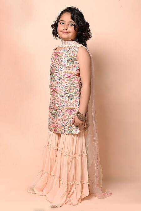 Shop_Priyanka Jain_Peach Chanderi, Georgette, Organza Sequins, Mughal Print Kurta Sharara Set _Online_at_Aza_Fashions