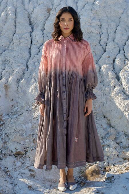 The Loom Art_Pink Chanderi Silk Embroidery Collared Pleated Button Down Shirt Dress _Online_at_Aza_Fashions