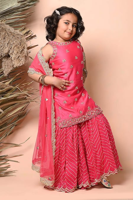 Buy_Priyanka Jain_Fuchsia Cotton, Georgette, Net Embroidery, Sequins, Chevron Sharara Kurta Set _Online_at_Aza_Fashions
