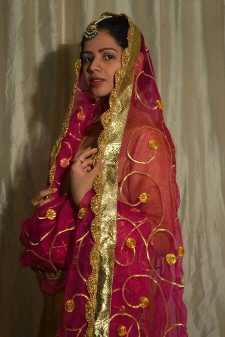 Studio Malang_Gold Tissue Embroidery Gota Work Round Straight Kurta Set With Dupatta_Online_at_Aza_Fashions