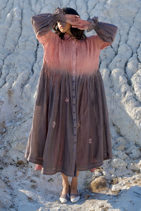 Buy_The Loom Art_Pink Chanderi Silk Embroidery Collared Pleated Button Down Shirt Dress _Online_at_Aza_Fashions