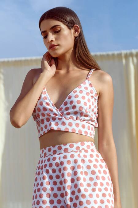 Buy Kapraaaha White Cotton Hand Block Printed Polka Dots V Neck Bralette Online at Aza Fashions Buy_Kapraaaha_White Cotton Hand Block Printed Polka Dots V Neck Bralette_Online_at_Aza_Fashions