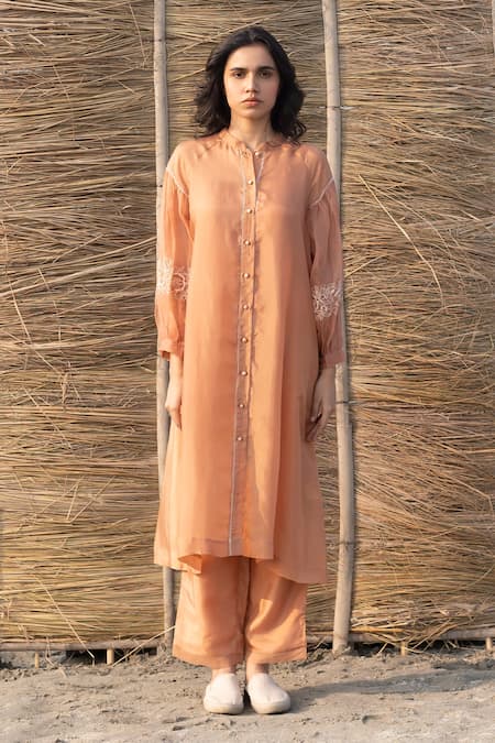 Ayaka_Brown Viscose, Silk Organza Embroidery Mandarin Collar Sleeve Sheer Tunic _Online_at_Aza_Fashions