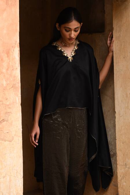 Shop_Deep Thee_Black Tissue Chanderi Cape And Flared Pant Set _Online_at_Aza_Fashions