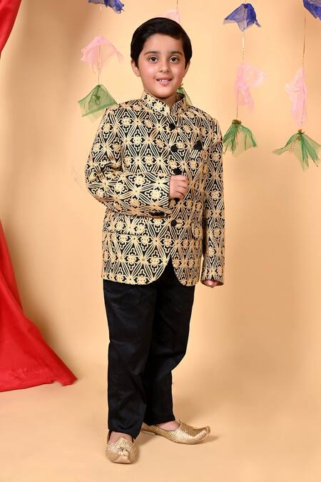 Kids Lane_Black Cotton Embroidery Bandhgala And Pant Set_Online_at_Aza_Fashions