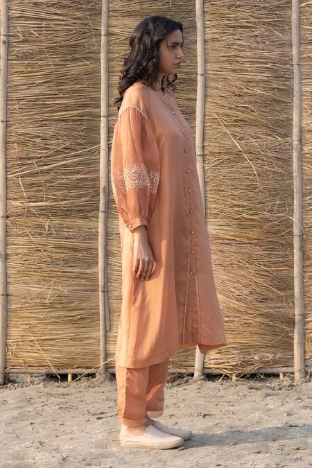 Buy_Ayaka_Brown Viscose, Silk Organza Embroidery Mandarin Collar Sleeve Sheer Tunic _Online_at_Aza_Fashions