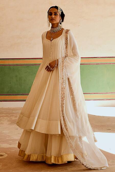 Buy_Karaj Jaipur_Cream Chanderi, Cotton, Georgette Gota Patti, Embroidery Anarkali Skirt Set _Online_at_Aza_Fashions