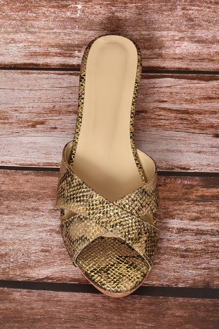 Shop_Samyukta Singhania_Gold Scales Pattern Wedges_Online_at_Aza_Fashions