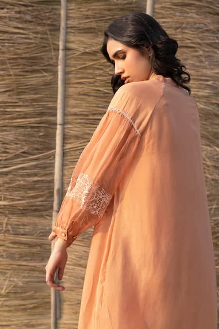 Shop_Ayaka_Brown Viscose, Silk Organza Embroidery Mandarin Collar Sleeve Sheer Tunic _Online_at_Aza_Fashions