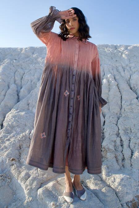 Shop_The Loom Art_Pink Chanderi Silk Embroidery Collared Pleated Button Down Shirt Dress _Online_at_Aza_Fashions