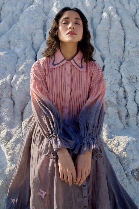 The Loom Art_Pink Chanderi Silk Embroidery Collared Pleated Button Down Shirt Dress _at_Aza_Fashions