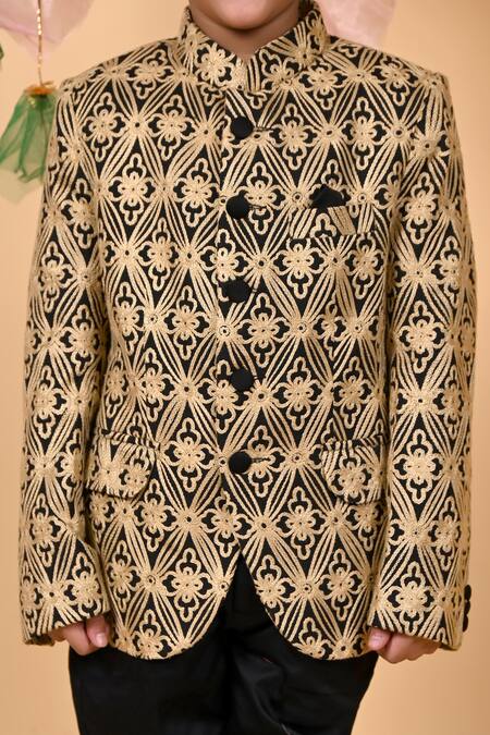 Buy_Kids Lane_Black Cotton Embroidery Bandhgala And Pant Set_Online_at_Aza_Fashions