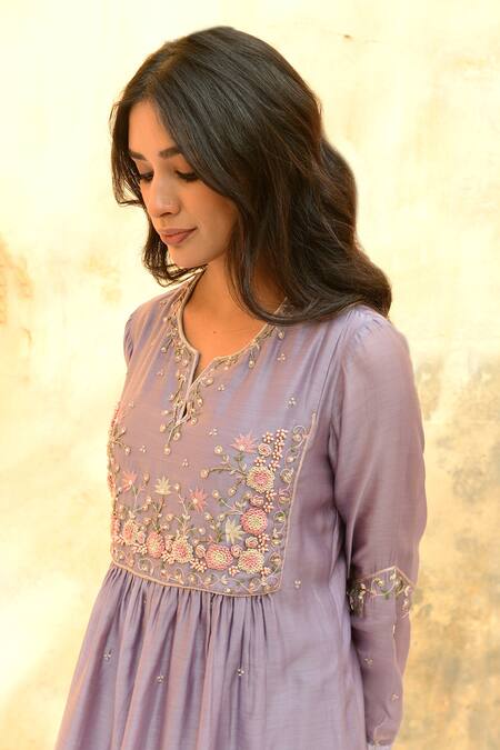 Label Niti Bothra_Purple Handloom Cotton, Silk Pearls, Beads, Floral Kurta And Palazzo Set _Online_at_Aza_Fashions