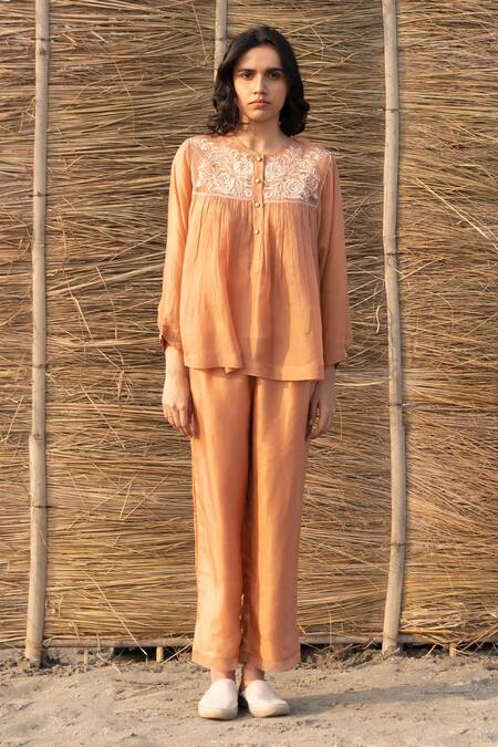 Ayaka_Brown Viscose, Silk Organza Embroidery Round Neck Floral Hand Yoke Top _Online_at_Aza_Fashions