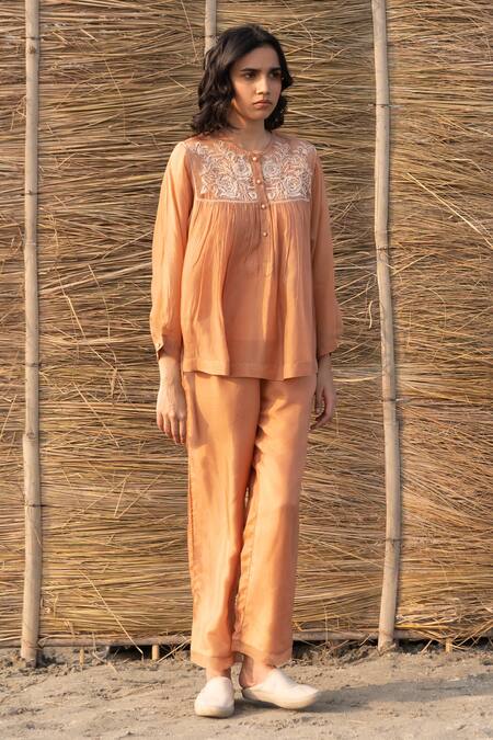 Buy_Ayaka_Brown Viscose, Silk Organza Embroidery Round Neck Floral Hand Yoke Top _Online_at_Aza_Fashions
