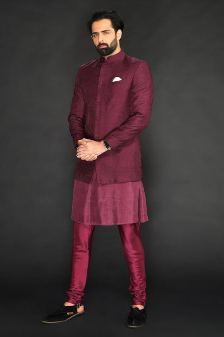 Sammohan Ceremonial_Maroon Cotton, Viscose Sequins, Embroidery Textured Pattern Bandhgala Set_Online_at_Aza_Fashions