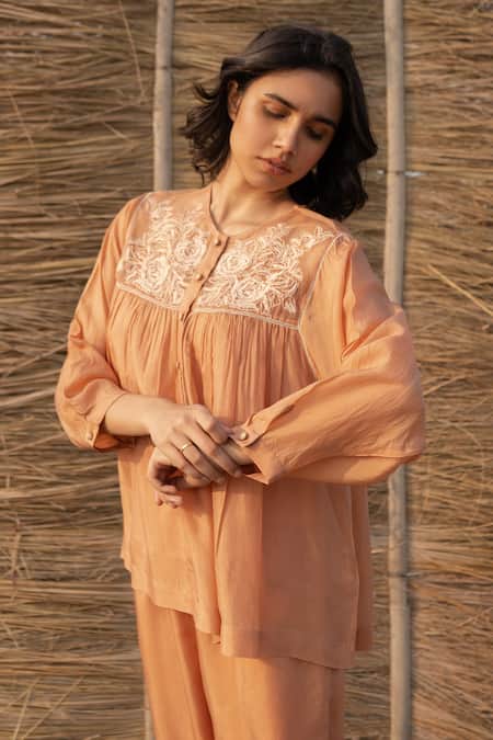 Ayaka_Brown Viscose, Silk Organza Embroidery Round Neck Floral Hand Yoke Top _at_Aza_Fashions