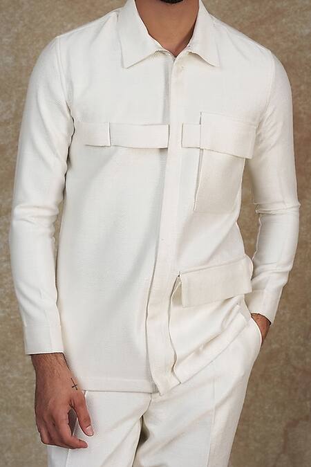 Buy_Sammohan Ceremonial_White Viscose Silk Woven Herringbone Pattern Patch Pocket Jacket And Trouser Set_Online_at_Aza_Fashions