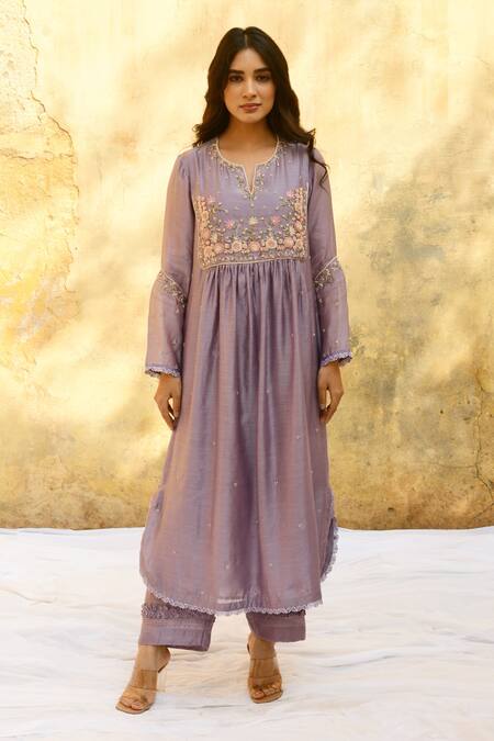 Shop_Label Niti Bothra_Purple Handloom Cotton, Silk Pearls, Beads, Floral Kurta And Palazzo Set _Online_at_Aza_Fashions