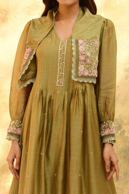 Label Niti Bothra Green Silk Beads, Pearls, Fringe Floret Embroidered Jacket Kurta And Palazzo Set Online at Aza Fashions Label Niti Bothra_Green Silk Beads, Pearls, Fringe Floret Embroidered Jacket Kurta And Palazzo Set _Online_at_Aza_Fashions