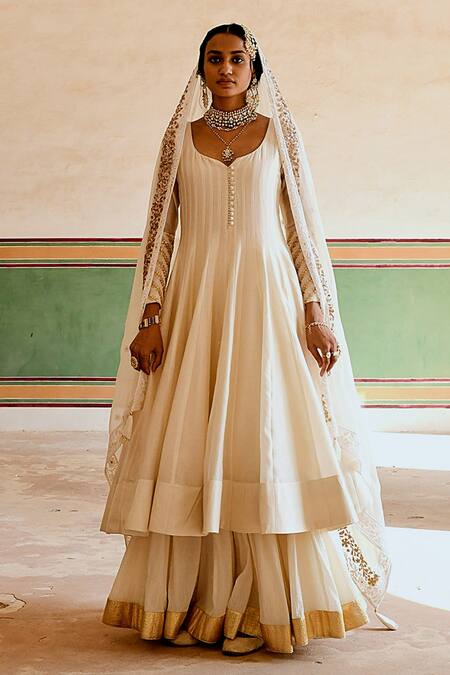 Karaj Jaipur_Cream Chanderi, Cotton, Georgette Gota Patti, Embroidery Anarkali Skirt Set _at_Aza_Fashions