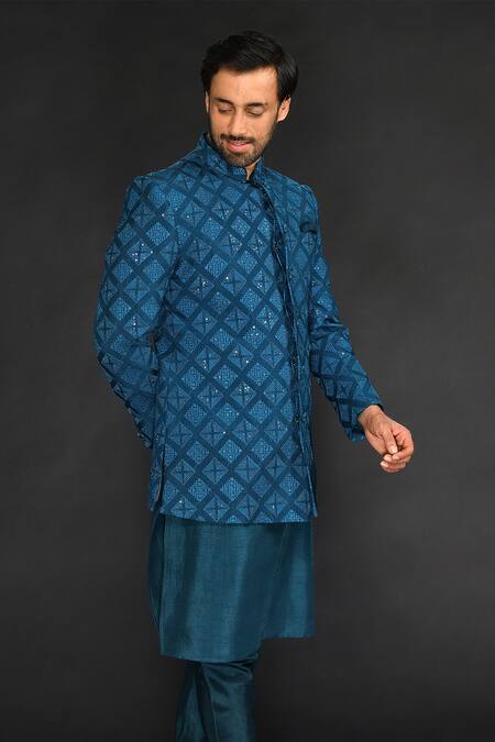 Sammohan Ceremonial_Green Vis Silk Embroidery Thread Textured Pattern Blazer And Kurta Set_Online_at_Aza_Fashions