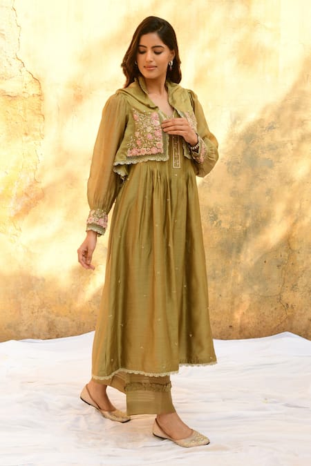 Shop Label Niti Bothra Green Silk Beads, Pearls, Fringe Floret Embroidered Jacket Kurta And Palazzo Set Online at Aza Fashions Shop_Label Niti Bothra_Green Silk Beads, Pearls, Fringe Floret Embroidered Jacket Kurta And Palazzo Set _Online_at_Aza_Fashions